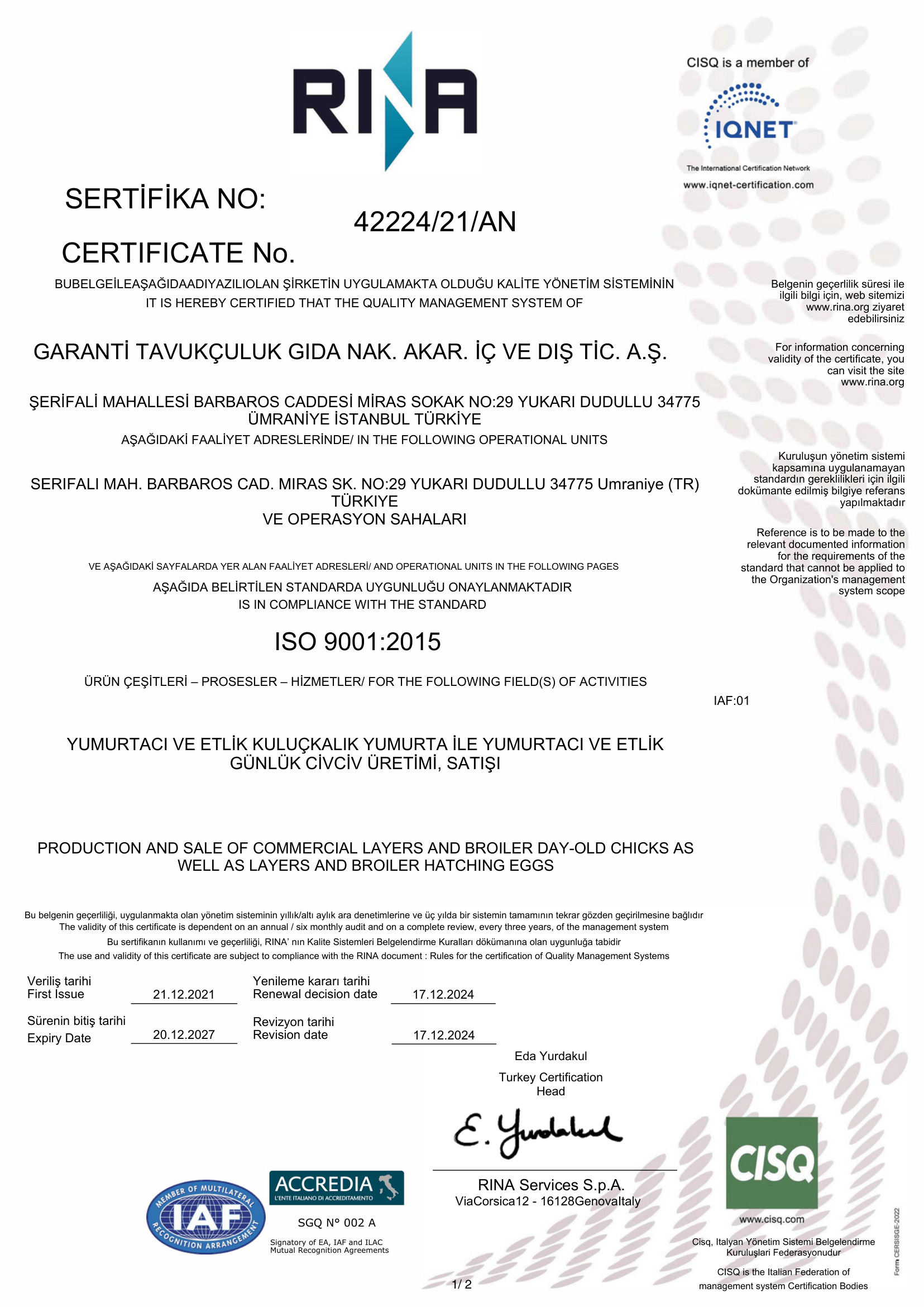 ISO 9001 Kalite Yönetim Sistemi Sertifikası