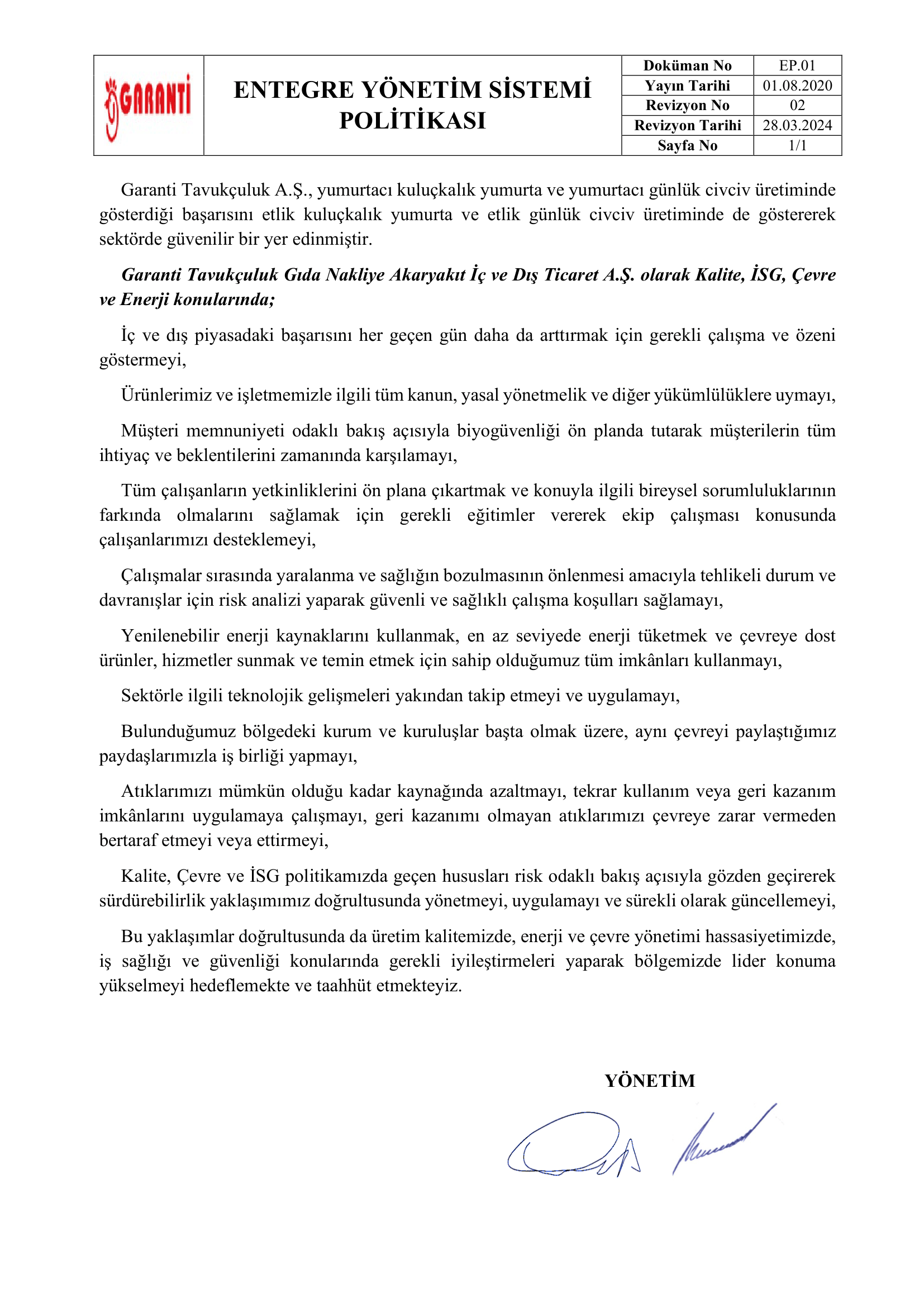 Entegre Yönetim Sistemi Politikası